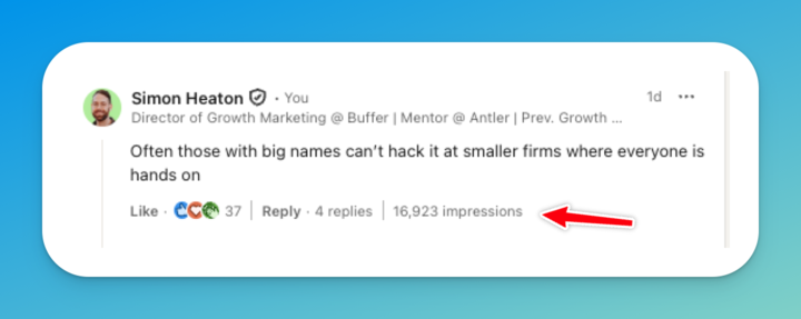 LinkedIn post showing Simon Heaton’s short take on leadership and adaptability, noting that those from big-name companies often struggle at smaller, hands-on firms. 