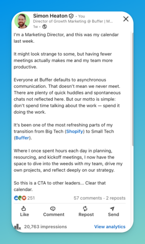 LinkedIn post by Simon Heaton sharing a minimalist calendar screenshot, describing how fewer meetings improve productivity and asynchronous communication at Buffer, promoting deep work and reflection. 
