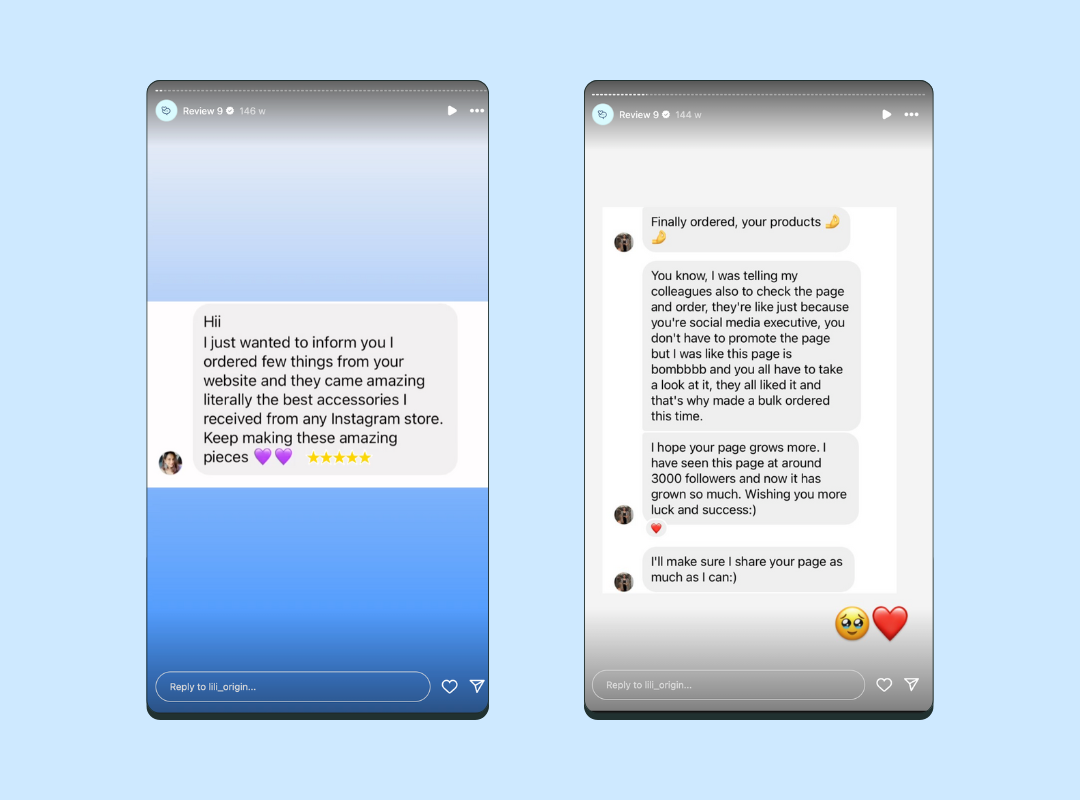 Two Instagram Story screenshots showing DMs with positive customer feedback about products, used as user generated content to showcase real customer reviews and testimonials on Instagram.