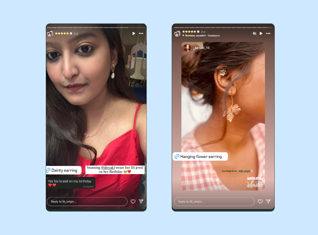 Instagram Stories featuring user generated content where customers showcase their earrings — one wearing dainty pearl drops and another showing hanging flower earrings — tagged to the jewelry brand.