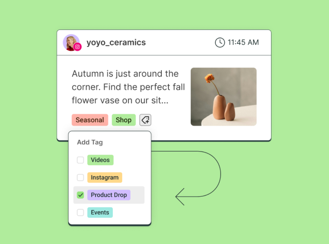 Illustration of an Instagram post by a ceramics brand tagged as a “Product Drop,” showing a fall-themed caption about vases with tags like Seasonal and Shop — representing organized social media content tagging.