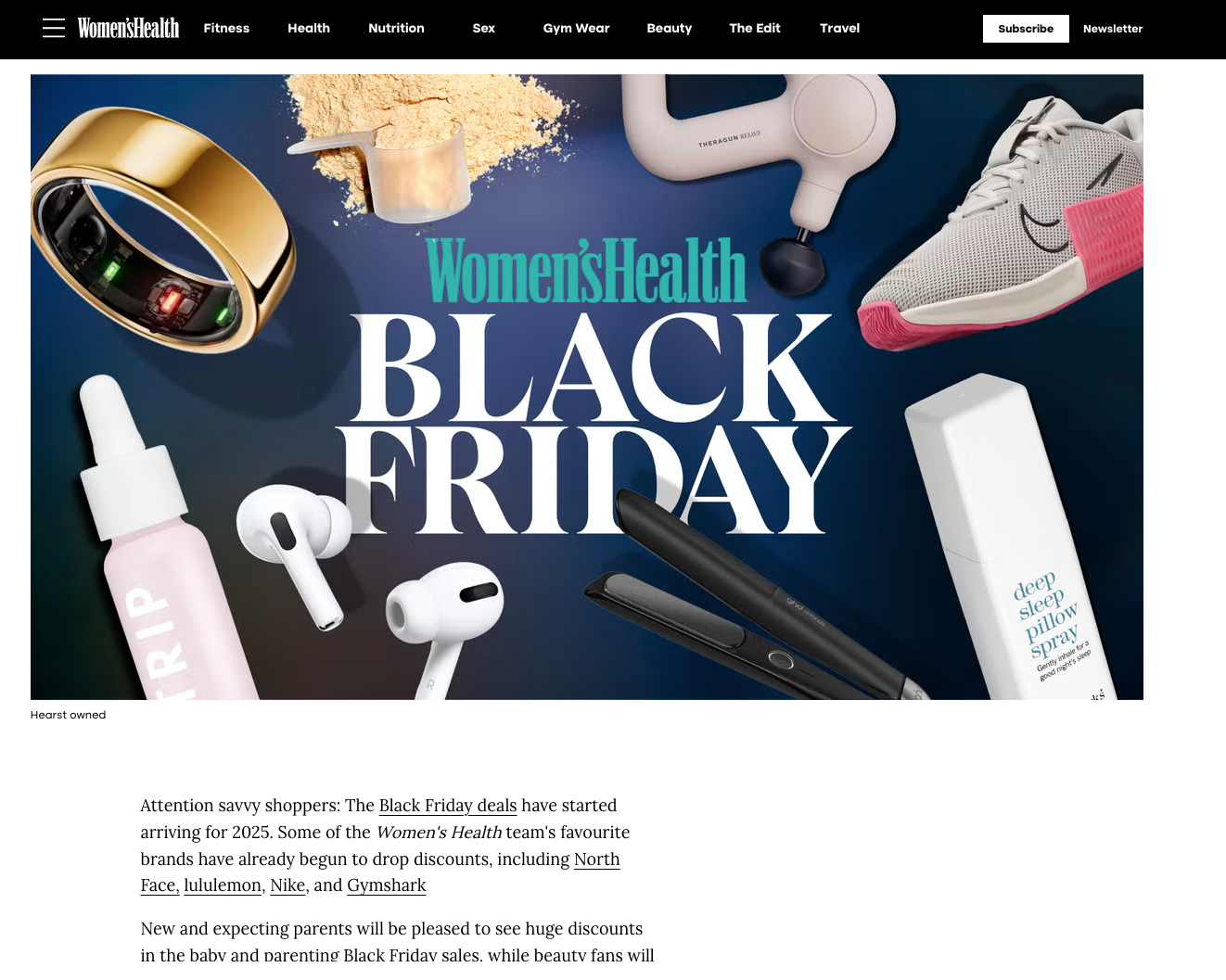 Collage of wellness gadgets, beauty items, sneakers, and tech accessories arranged around a bold Women’s Health Black Friday headline for strong black friday marketing appeal.