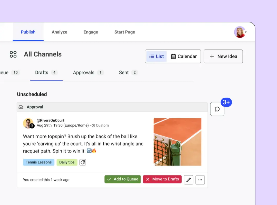 Buffer Publish dashboard showing unscheduled drafts, approvals, and add to queue options, illustrating content review and scheduling workflows in social media automation.
