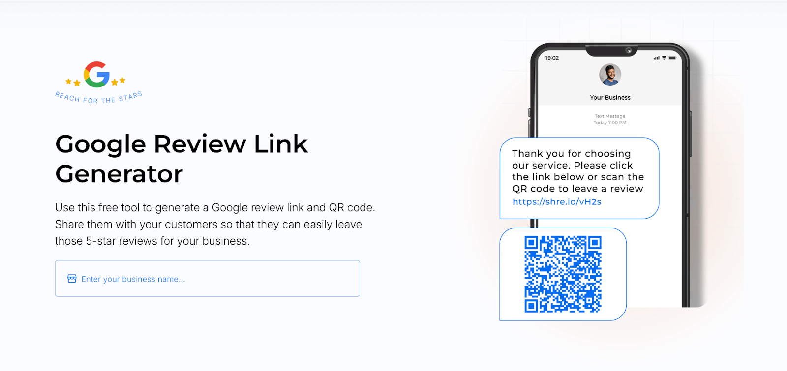 Screenshot showing DemandHub Google Review Link Generator, a free SEO tool to help you get Google reviews