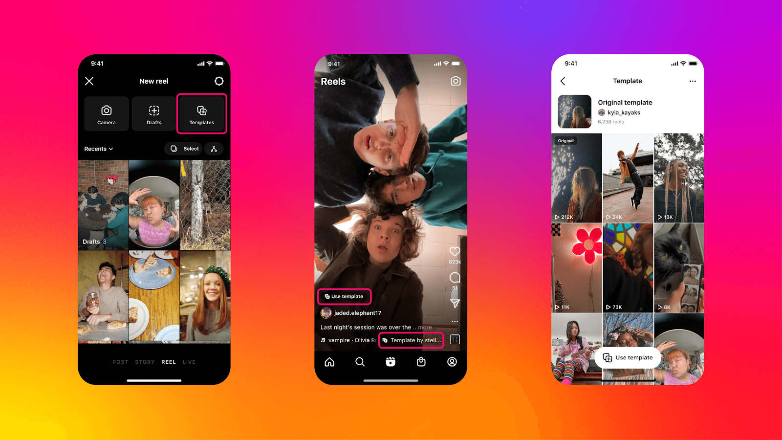Instagram Reels creation screens showing templates, draft selection, and reusable formats that streamline content production and posting through social media automation.