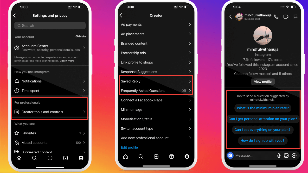 Instagram creator settings screens highlighting saved replies and FAQ message suggestions, showing automated DM responses and customer support features for social media automation.