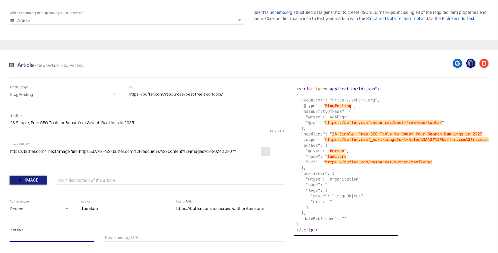 Screenshot showing schema creation by Dentsu Schema Markup Generator
