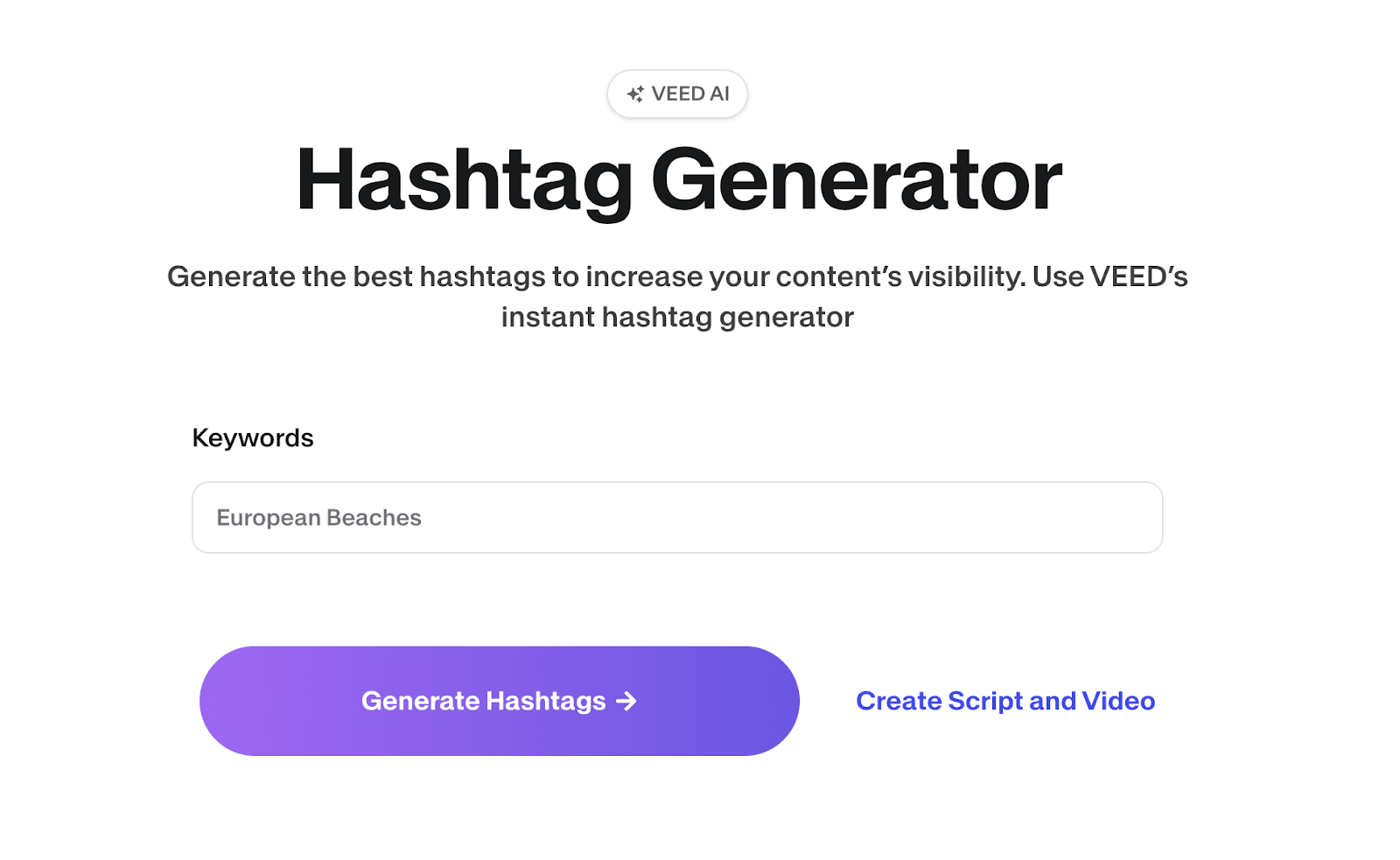Screenshot showing the user interface of Veed's free hashtag generator