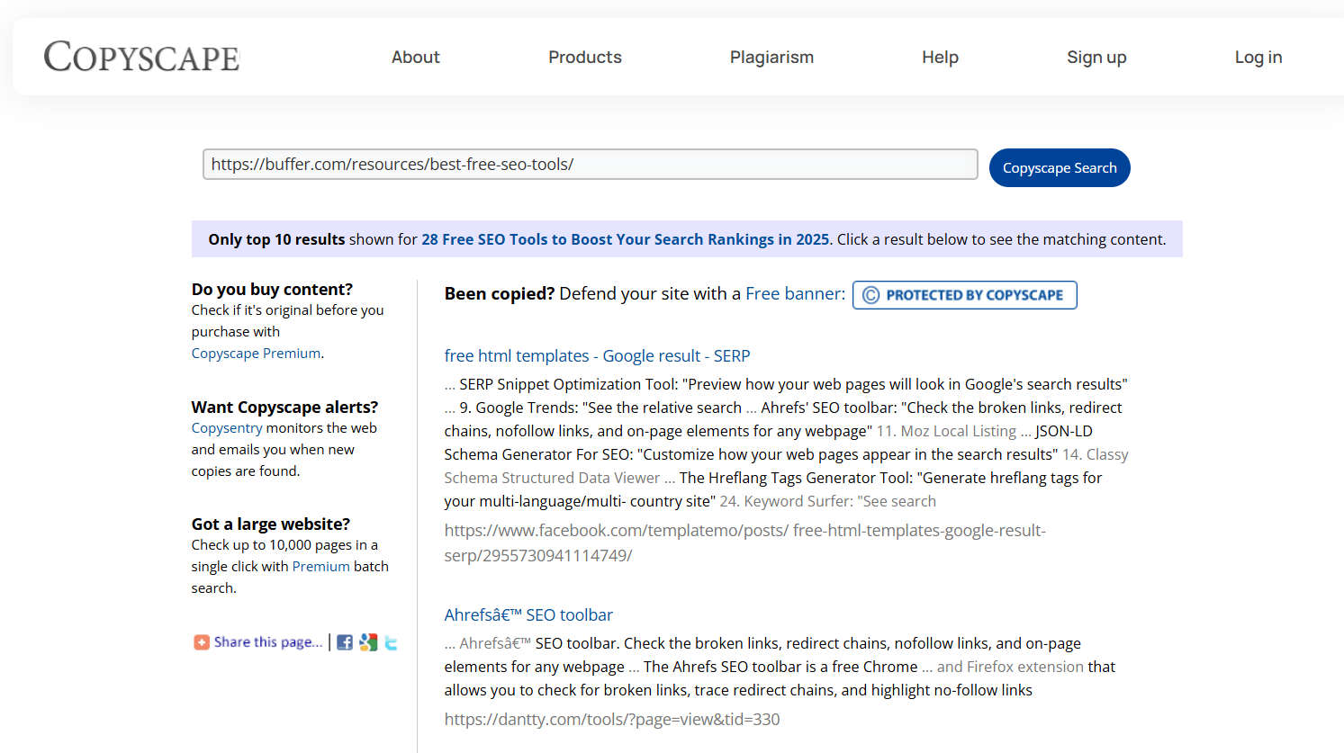 Screenshot of Copyscape, a free SEO to check for duplicate content