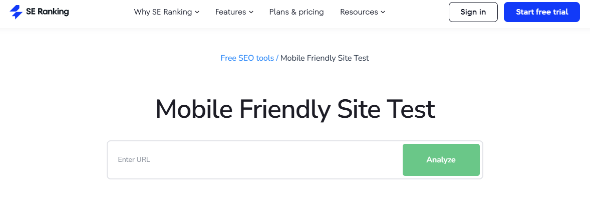 Screenshot of the SE Ranking Mobile Friendly Site Test, a free SEO tool to check your site’s mobile-friendliness