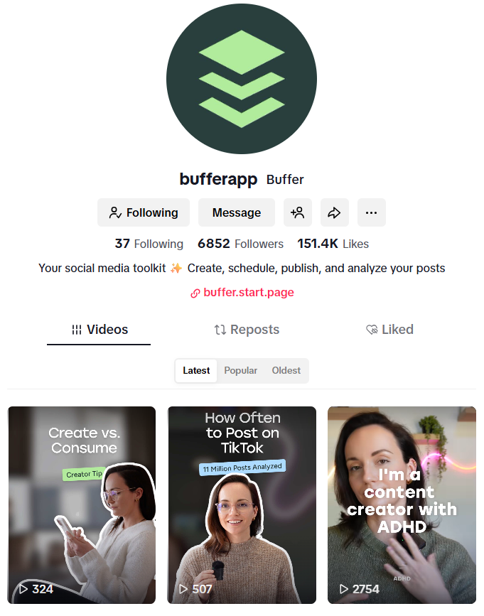 Screenshot of Buffer TikTok account showing the website link in bio