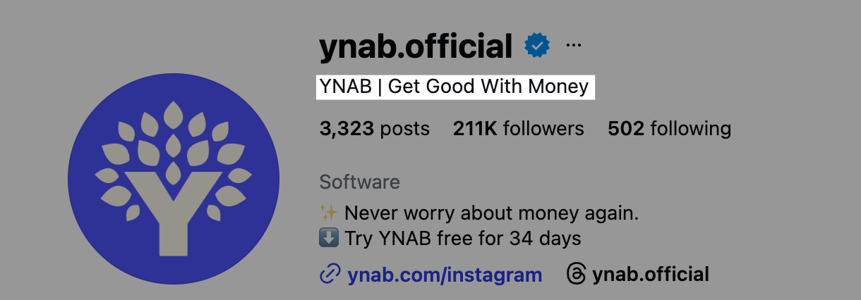 Instagram business profile for YNAB showing verified account, bio, follower count, and website link, demonstrating how to use instagram for business branding and traffic growth.