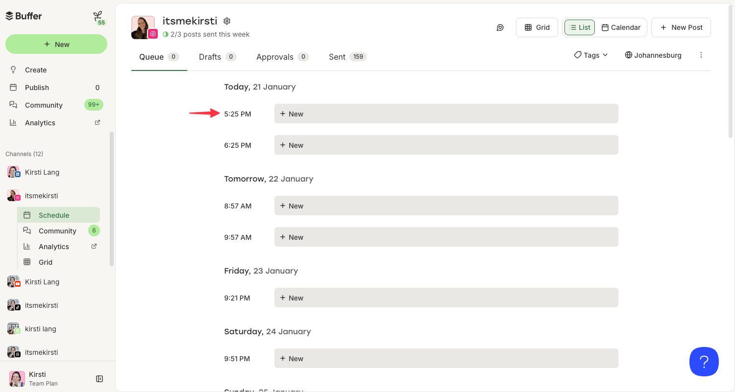 Buffer Instagram queue list showing scheduled post times and publishing slots, used to determine the best time to post on instagram based on planned posting times.