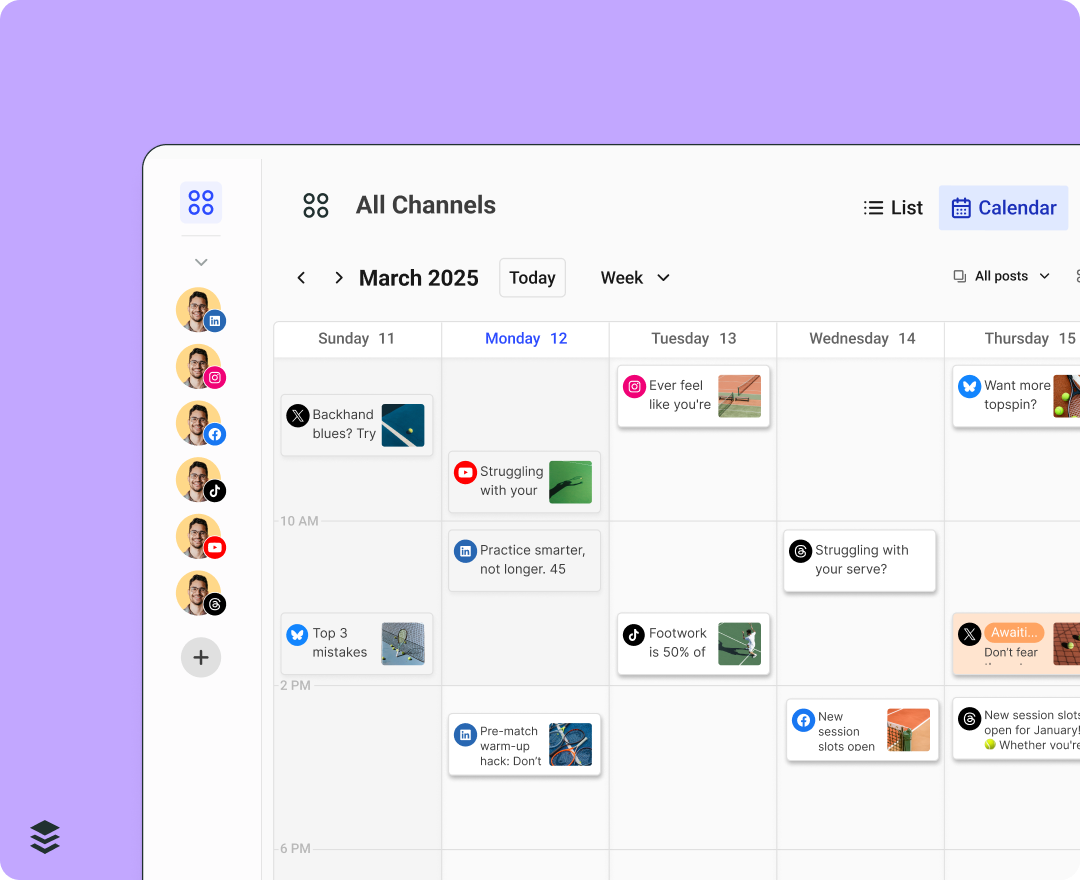 Social media scheduling calendar dashboard showing planned posts across platforms, illustrating how to use instagram for business by organizing and scheduling content consistently.