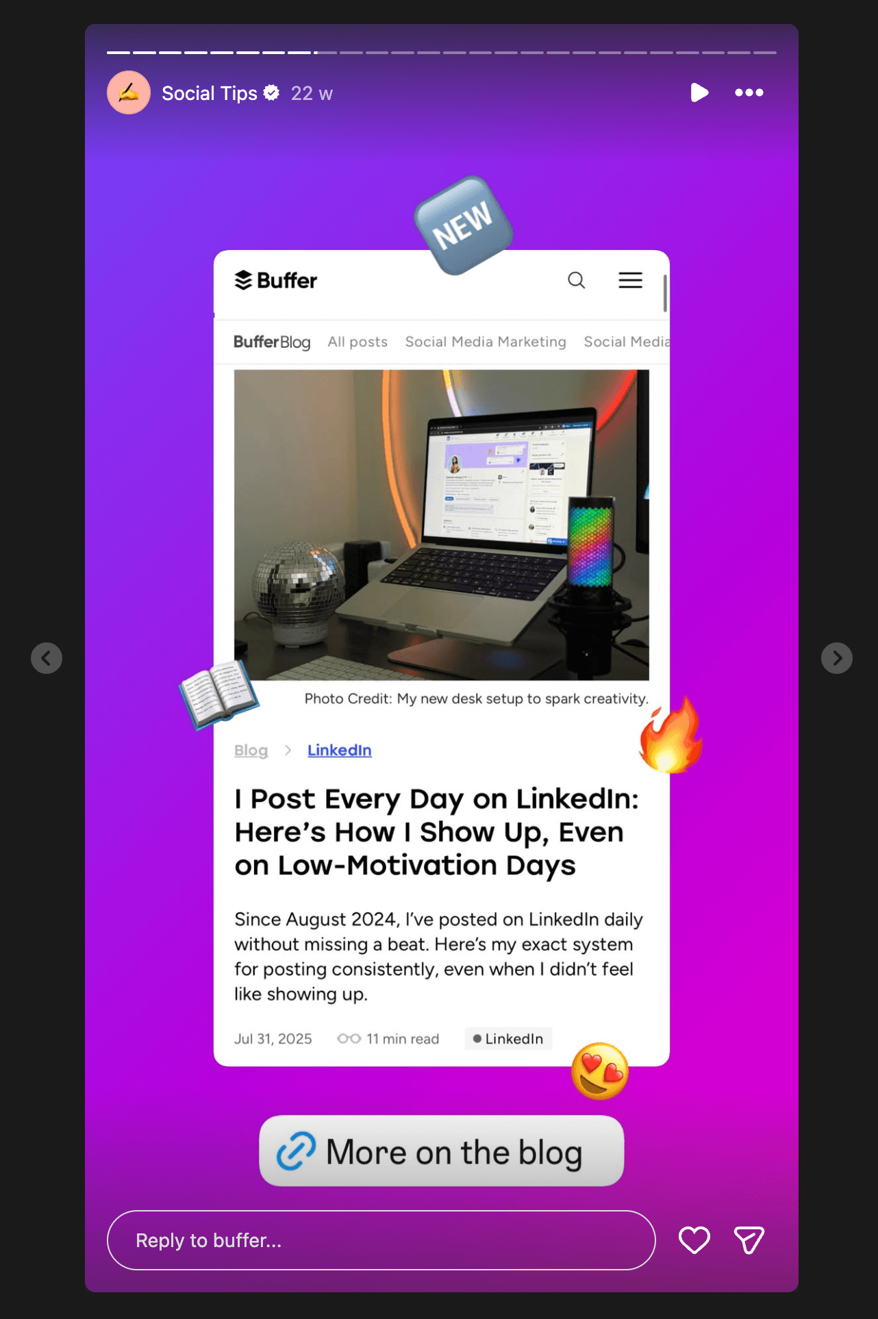 Instagram Story promoting a blog post with swipe-up link and visual preview, showing how to use instagram for business to drive blog traffic and content engagement.