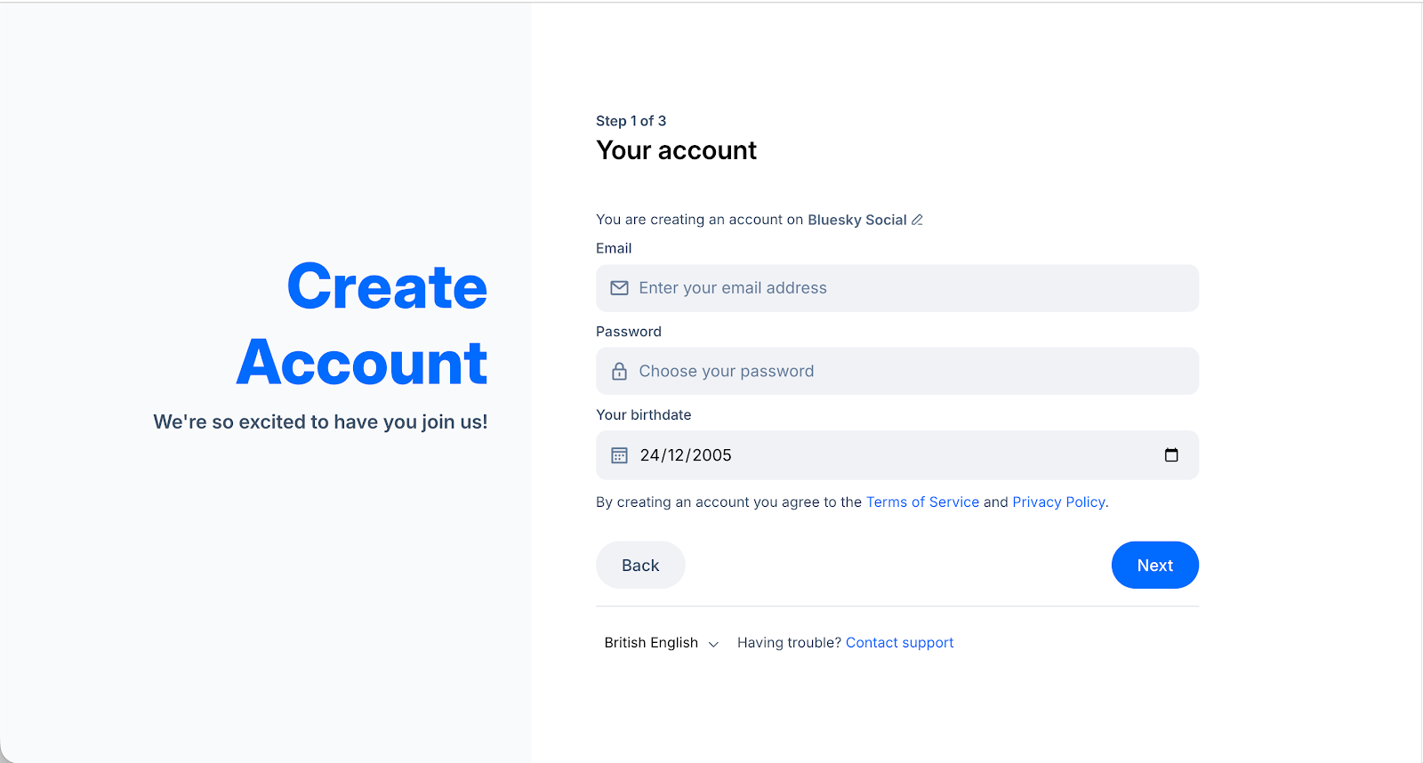 Screenshot showing the process of creating a Bluesky account on desktop 