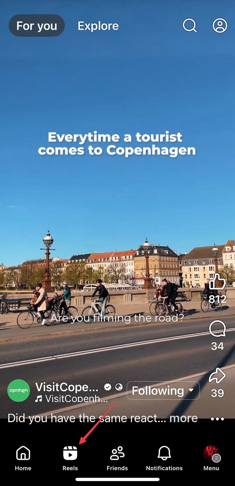 Screengrab showing where to find Facebook Reels