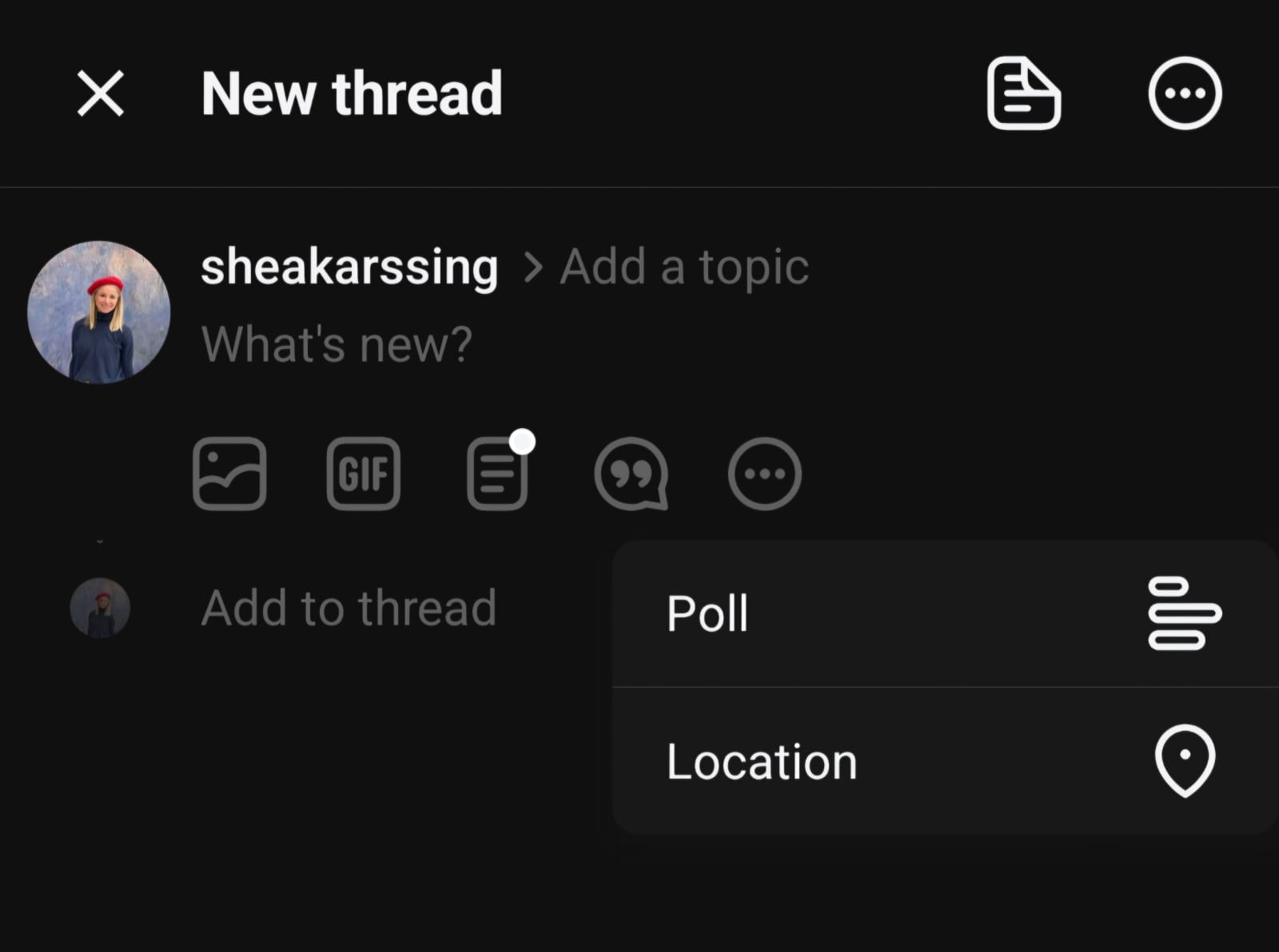 Threads new thread composer screen showing option to add a poll and location, highlighting Threads new features for interactive posting.