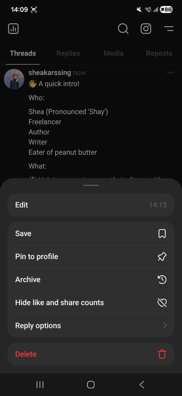 Threads post options menu showing edit, save, pin, archive, and reply settings, highlighting Threads new features that allow users to edit posts after publishing.