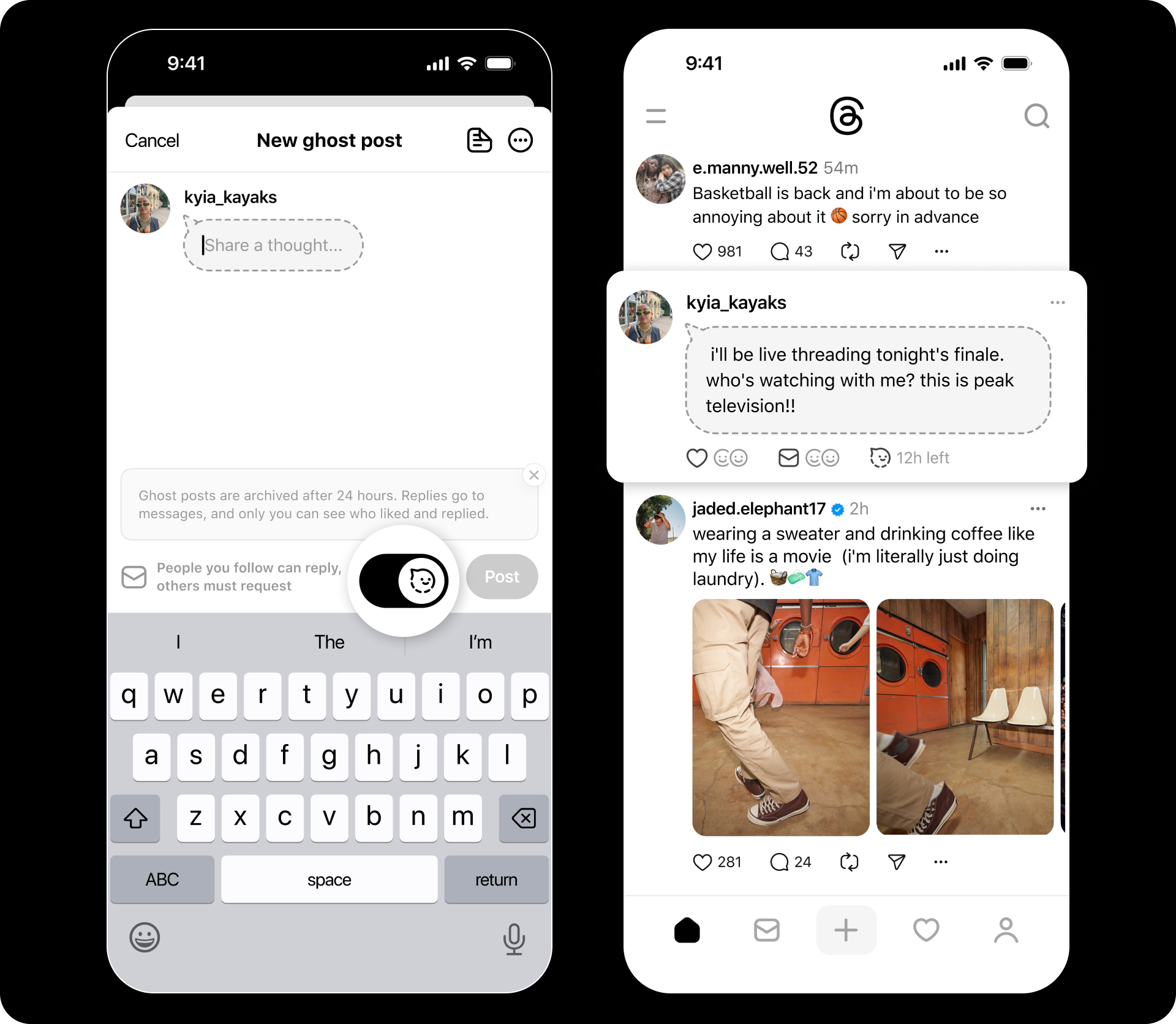 Threads ghost post feature showing a temporary post composer and live feed preview, highlighting Threads new features for sharing disappearing posts that expire after 24 hours.