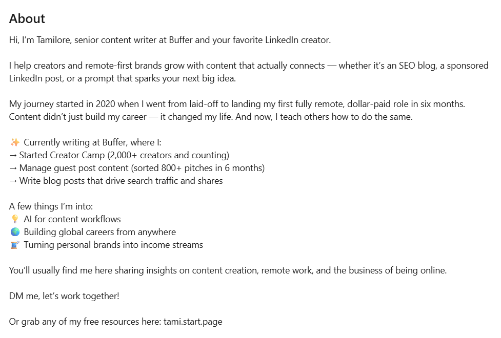 Screenshot of an About section describing a LinkedIn content creator’s background, experience, and expertise, supporting tips to increase LinkedIn followers.