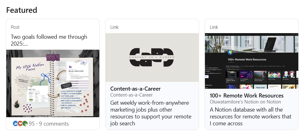 LinkedIn Featured section displaying highlighted posts and resource links, showing how to showcase content strategically to increase LinkedIn followers through profile optimization.