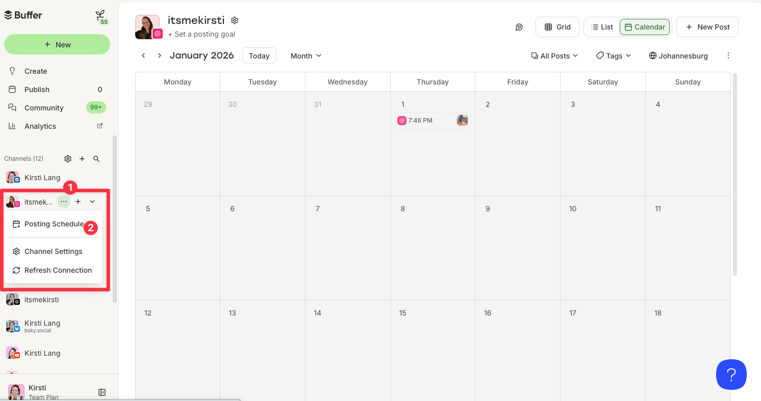 Buffer calendar view showing scheduled Instagram posts and posting schedule tools used to plan the best time to post on instagram.
