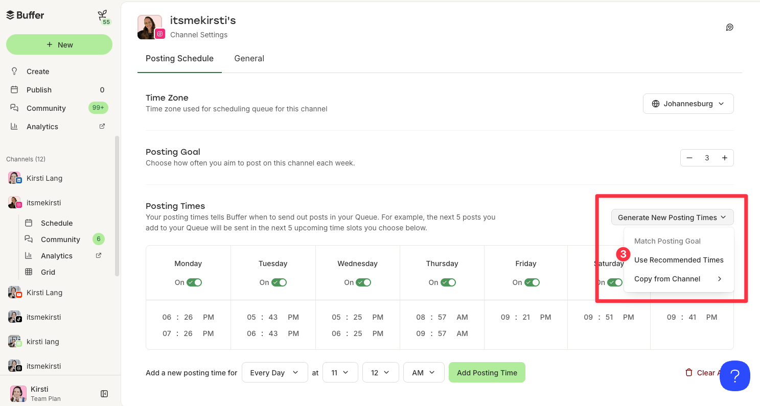 Buffer posting schedule settings screen showing recommended posting times and tools used to optimize the best time to post on instagram.