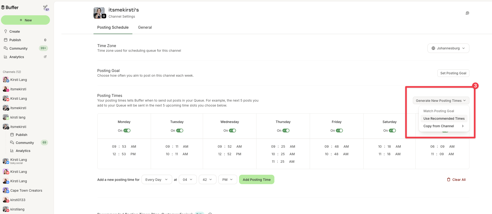 Buffer posting schedule settings screen with recommended posting times dropdown for Threads, showing weekday time slots optimized for the best time to post on Threads.