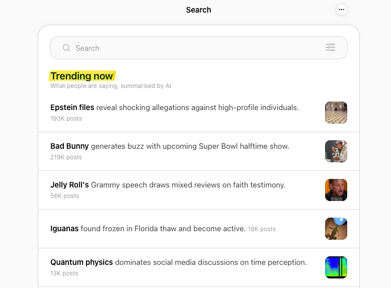 Threads search screen showing trending topics list with highlighted “Trending now” section, illustrating how real-time trends can inform the best time to post on Threads.