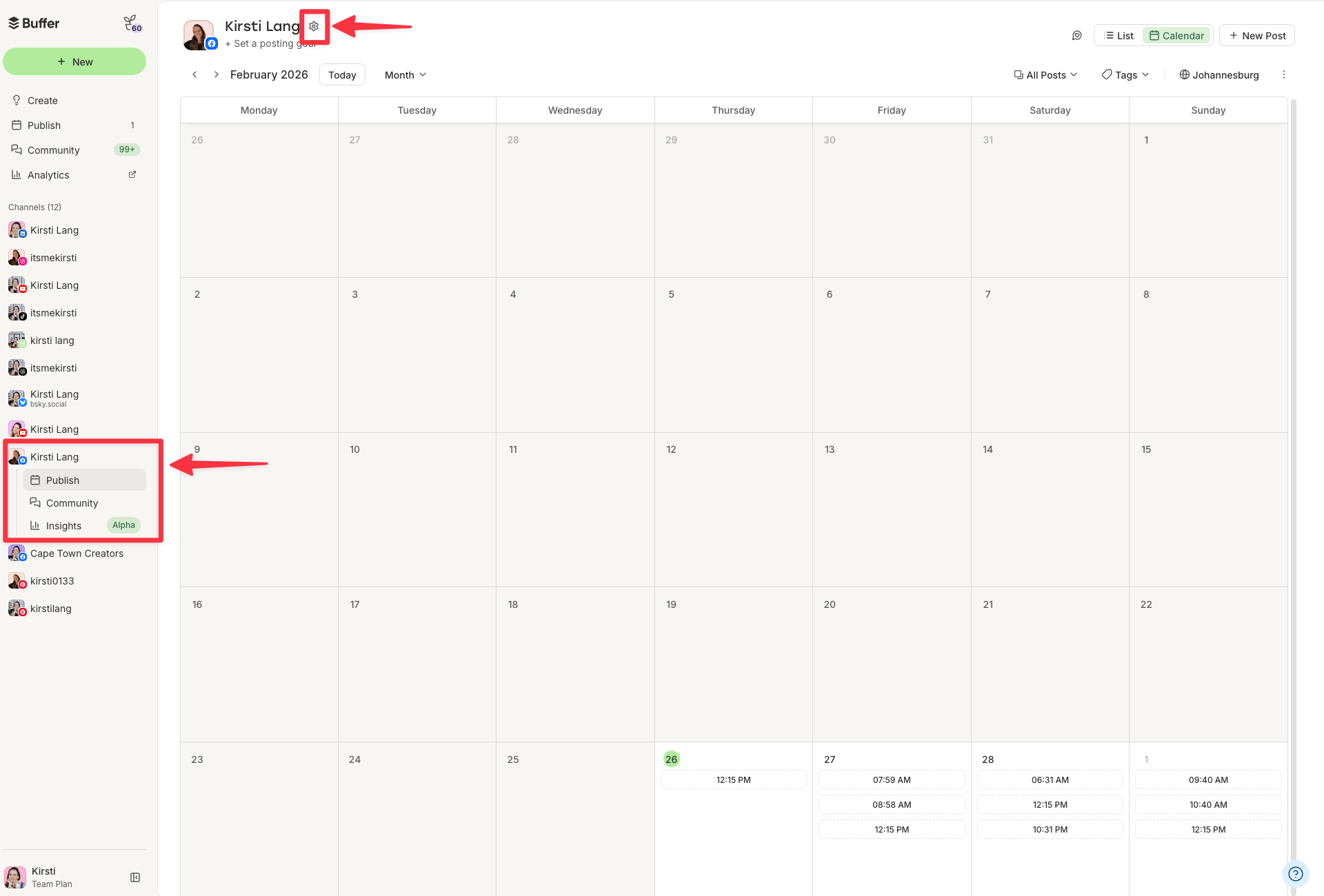 Screenshot of Buffer dashboard calendar view with settings icon and channel menu highlighted, showing Facebook scheduling options for the best time to post on Facebook.