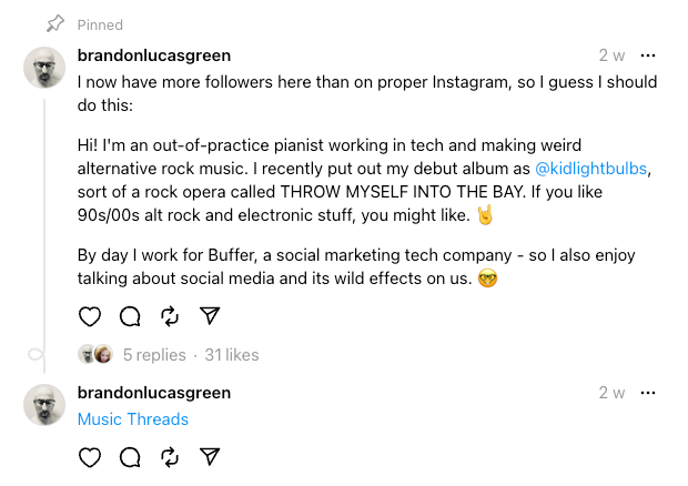 Pinned Threads profile post introducing a musician and tech worker sharing music and social media interests, demonstrating authentic self-introduction content that helps creators grow on threads.