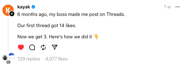 Threads post from Kayak describing early performance growth, showing a short text update with likes and replies that highlights brand engagement tactics used to grow on threads.