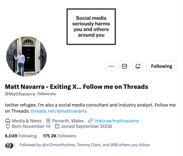 X profile page of social media consultant Matt Navarra promoting his exit from X and encouraging followers to grow on threads with profile bio, follower count, and Threads link.