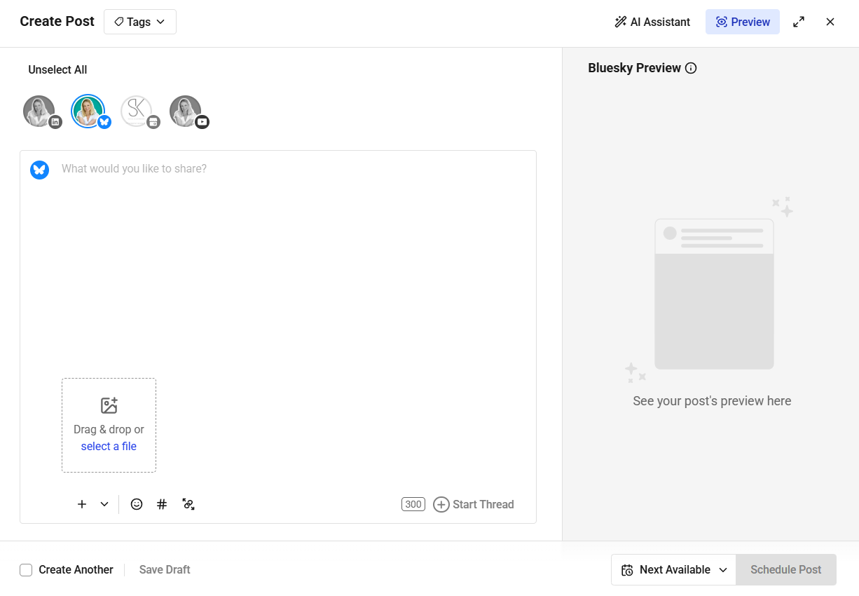 Buffer Create Post screen with Bluesky selected, showing composer and preview panel to schedule Bluesky posts in advance.