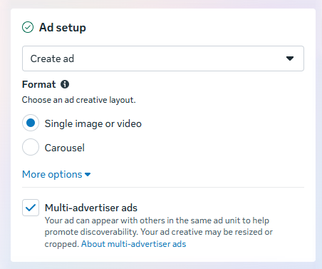 Meta Ads Manager ad setup screen showing single image or carousel format options and multi advertiser ads setting for how to advertise on Facebook effectively.