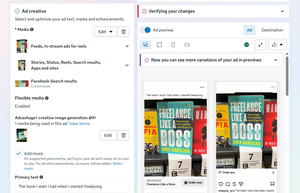 Meta Ads Manager ad creative panel showing media selection, flexible media, primary text, and preview options for how to advertise on Facebook with engaging visuals.