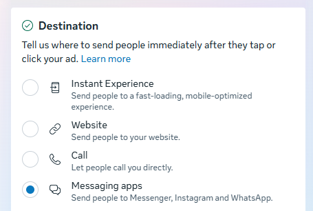 Meta Ads Manager destination settings showing website, instant experience, call, and messaging apps options for how to advertise on Facebook and drive conversions.