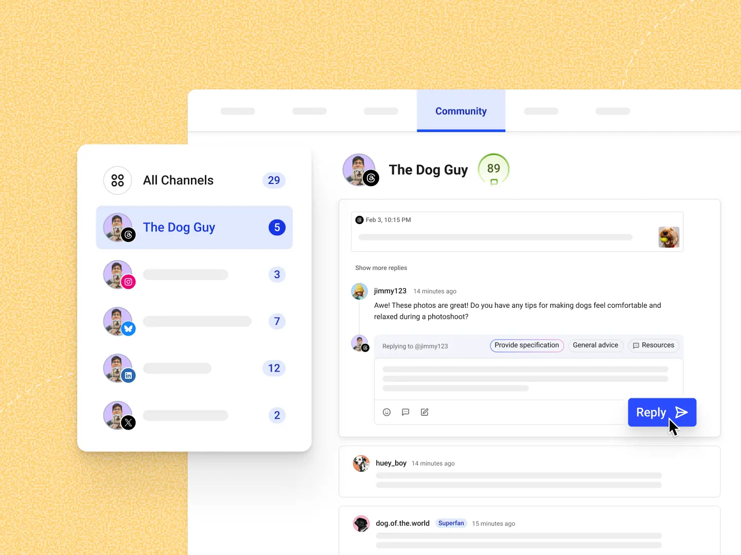 Buffer Community dashboard showing unified inbox and engagement management tools for replying to comments and messages using free Instagram tools