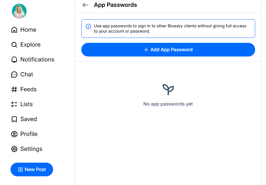 Bluesky App Passwords page with Add App Password button showing how to generate an app password to connect Bluesky to Buffer.