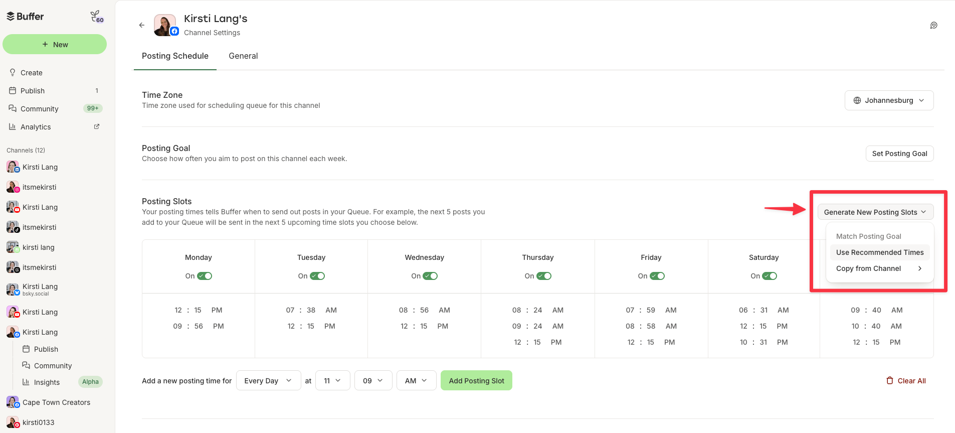 Screenshot of Buffer posting schedule settings with Generate New Posting Slots menu highlighted, showing recommended times for the best time to post on Facebook.