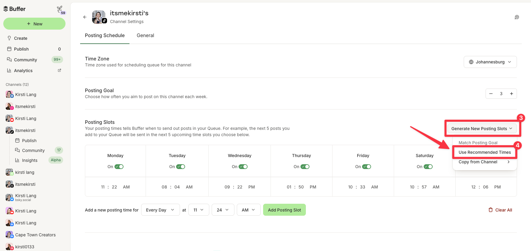 Buffer posting schedule settings screen showing Generate New Posting Slots and Use Recommended Times options to optimize the best time to post on Tiktok.