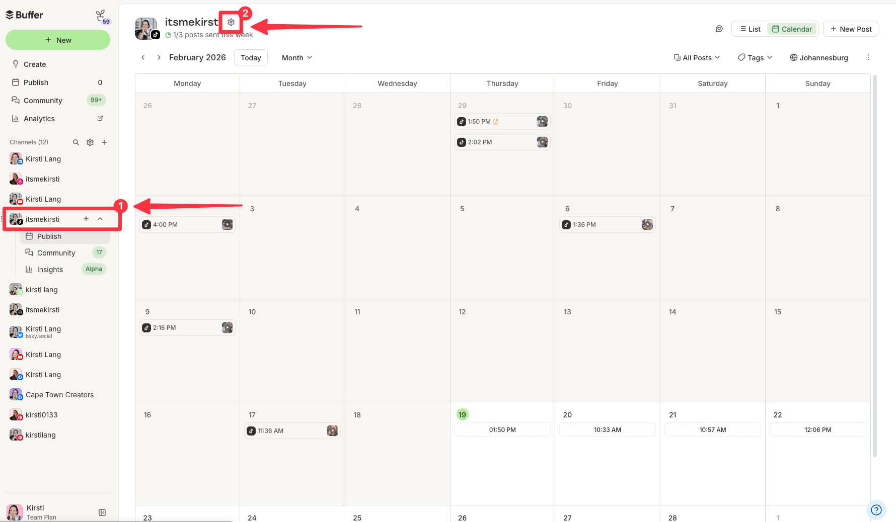 Screenshot of Buffer calendar dashboard highlighting account settings and TikTok channel to help identify the best time to post on Tiktok using scheduled posts and analytics.