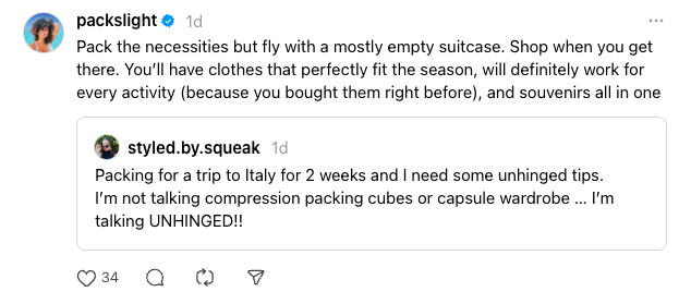 example of a great Threads post by Gabby BeckfordThreads post showing a travel packing tip conversation with replies and engagement icons, used as an example of conversational content when analyzing the best time to post on Threads.