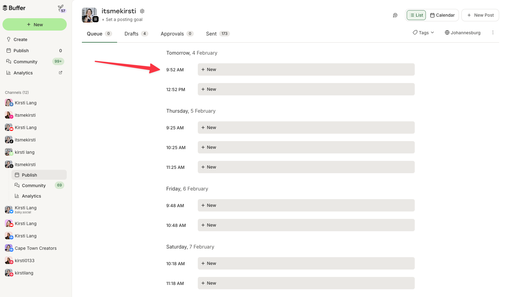 Buffer queue view displaying scheduled Threads posts by date and time, highlighting recommended morning slots as the best time to post on Threads.