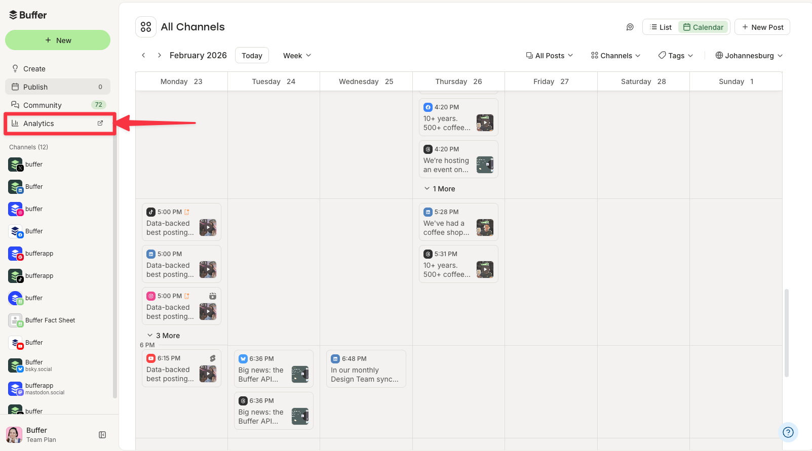 Screenshot of Buffer dashboard calendar highlighting the Analytics section, illustrating how to analyze performance data to find the best time to post on LinkedIn.
