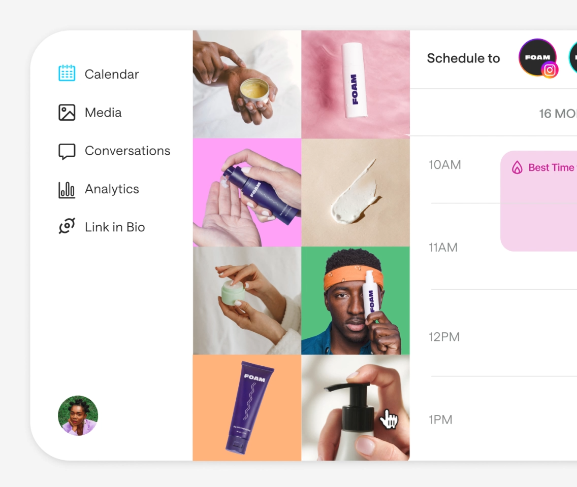 Later interface with content calendar, analytics, and media library alongside skincare product grid, illustrating social media management tools for brand scheduling and insights.