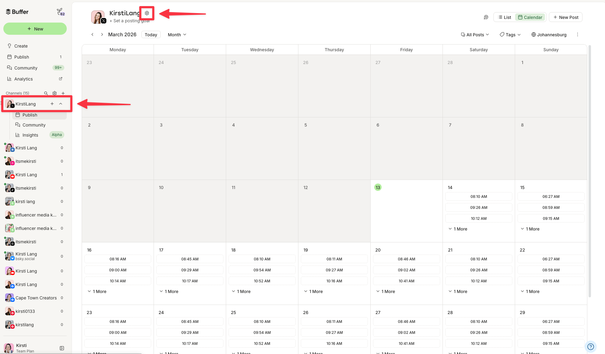 Screenshot of Buffer content calendar showing scheduled posting times across the month to optimize the best time to post on twitter.