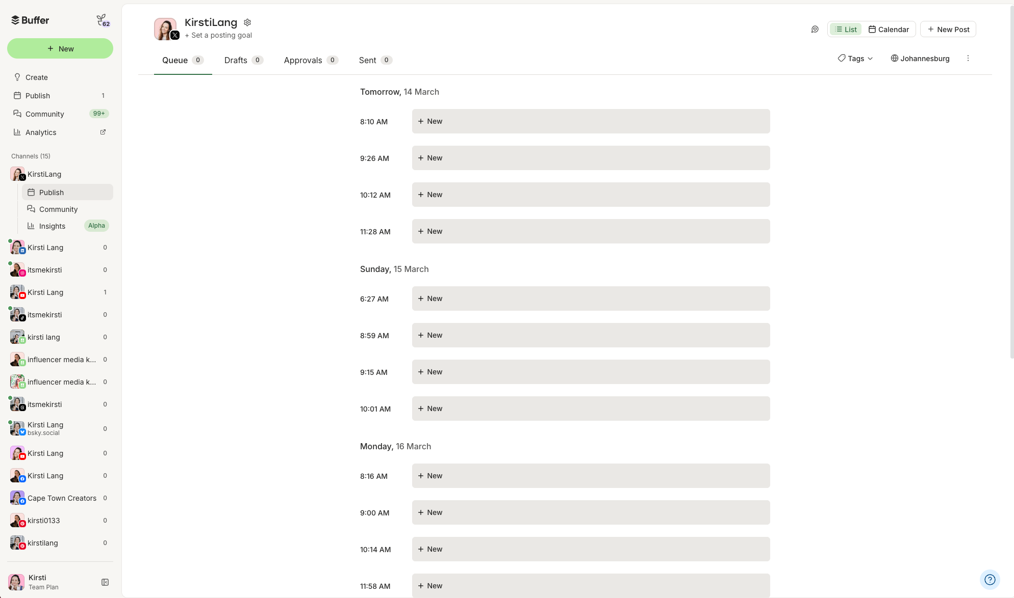 Screenshot of Buffer publishing queue showing scheduled posting slots used to plan the best time to post on twitter.