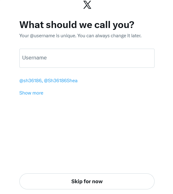 X (Twitter) account setup screen asking users to choose a unique username with suggested handles and option to skip for now.